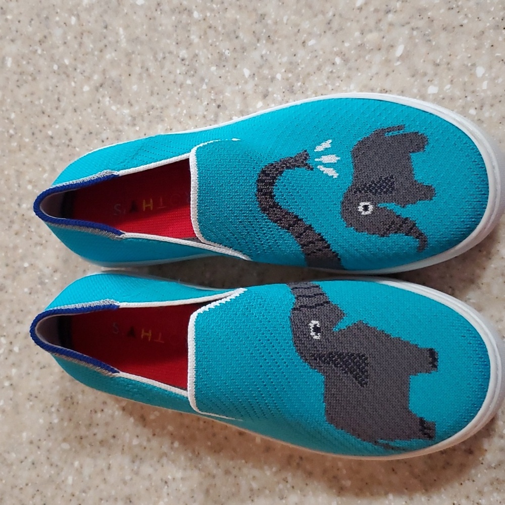 Rothy's The Kids Sneaker Bath Time Elephant Print Fabric Slip On Shoes US 4